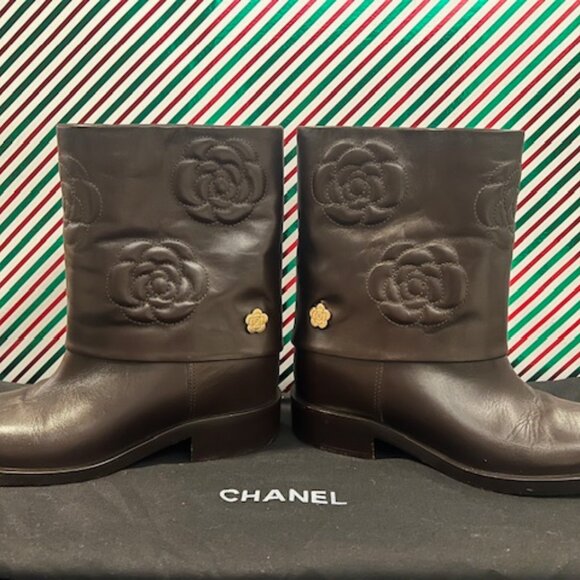 CHANEL Camellia Leather Mid-Calf Boots – Size 38.5 - Picture 2 of 16
